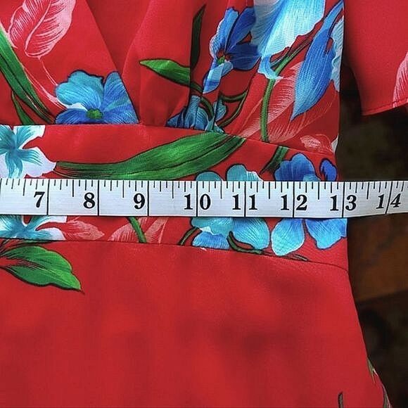 Vtg Royal Hawaiian red floral flutter sleeve faux wrap maxi dress - Picture 7 of 9